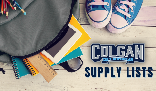 background of school book bag with supplies and the Colgan logo